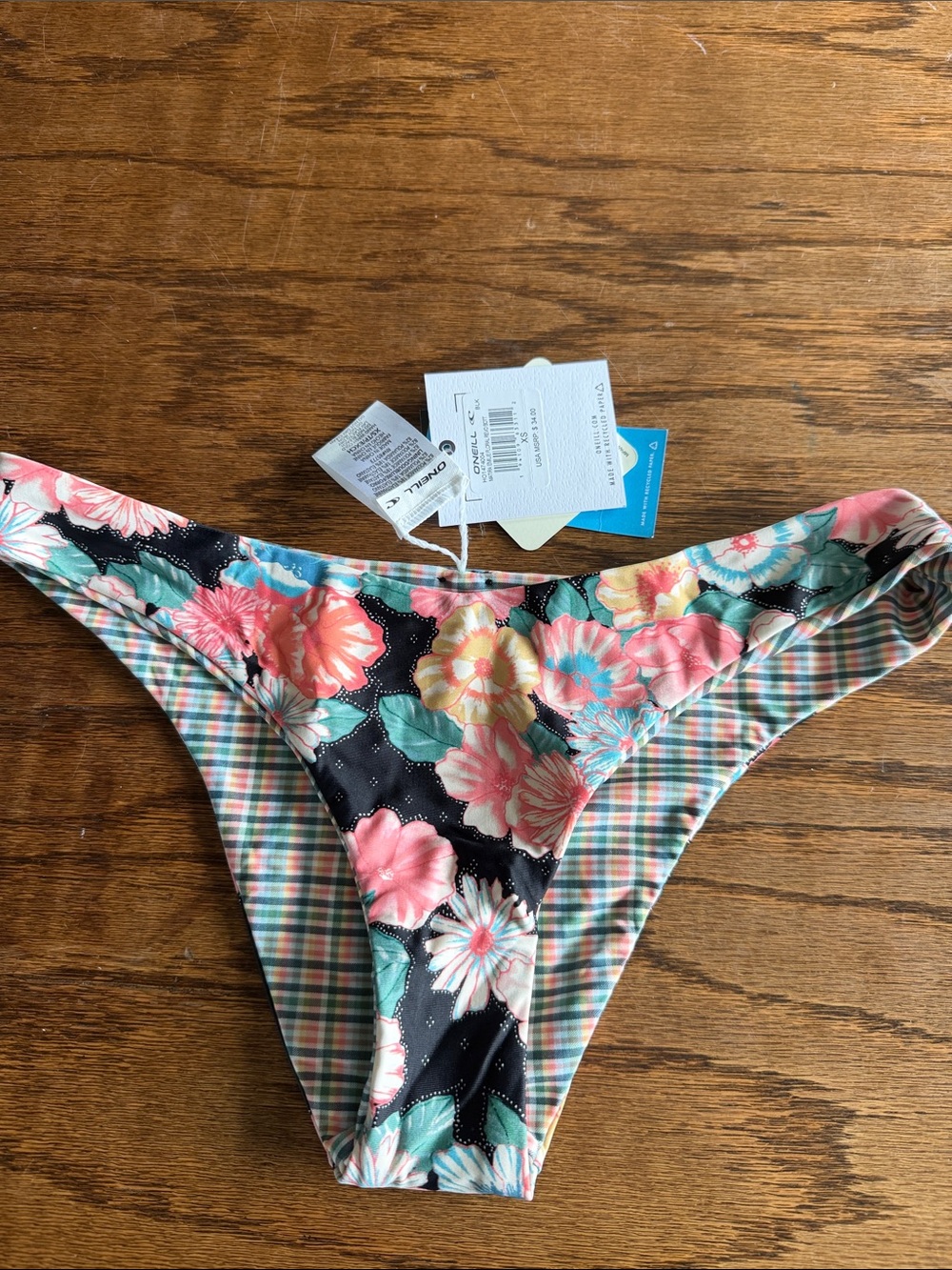 O'Neill Floral & Plaid Bikini Bottoms in Black, Pink, Teal, Yellow